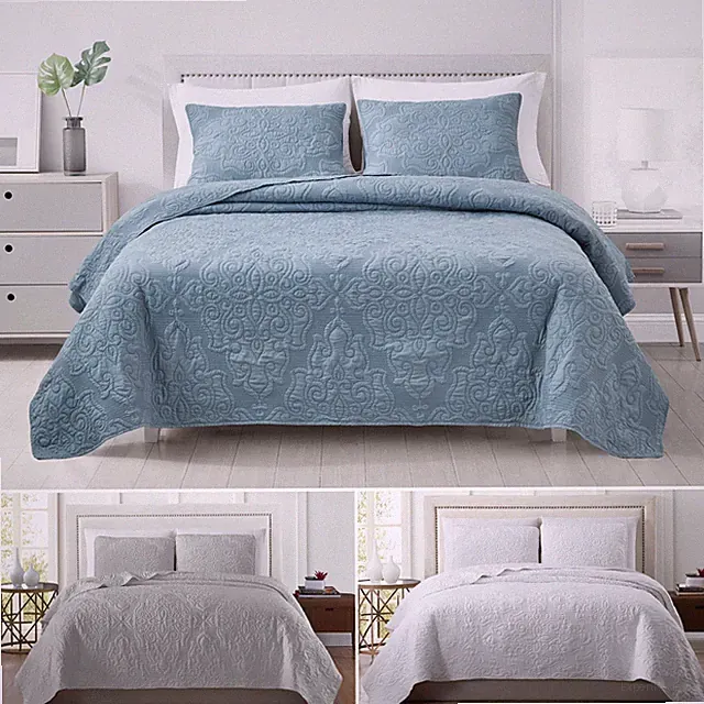 3-Piece Cooling Bamboo Fiber Quilt Set Medallion Embroidered Bedspread Coverlet