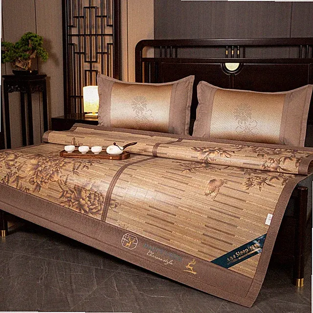 Bamboo Bed Mat Summer Accessories Folding Double Faces Bamboo & Rattan Peony