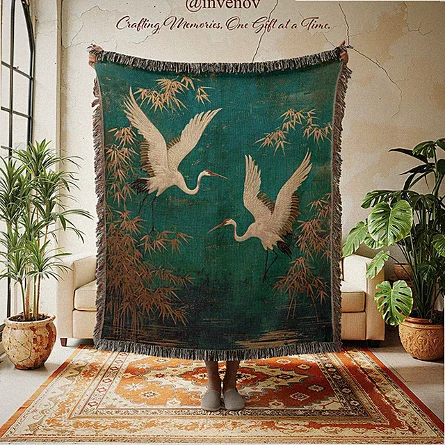 Japanese Crane Woven Blanket, Flying Bird Tapestry, Emerald Green Bamboo Throw