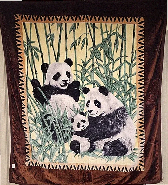 PANDA BEAR BAMBOO HORSE WATER ANIMAL TWO PLY QUEEN REVERSIBLE BLANKET BEDSPREAD