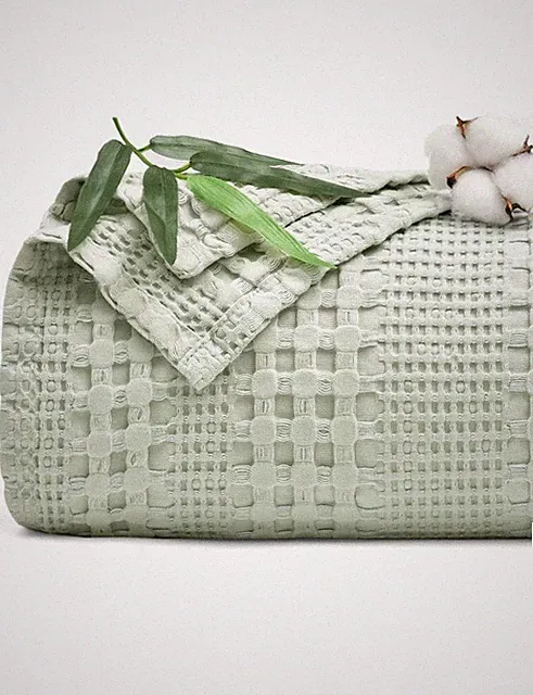 PHF Bamboo Cooling Waffle Blanket Twin Size, Lightweight Sage Green