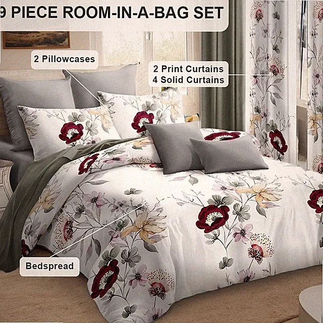Quilted Bedspread & Curtain Set 9 Piece, Queen Size - Bedding Ensemble with Shee